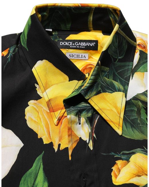 Dolce & Gabbana Black Floral Stretch Cotton Sicilia Fit Dress Shirt for men