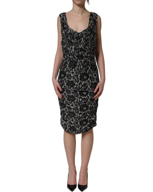 Dolce & Gabbana Black White Floral Lace Sleeveless Midi Dress