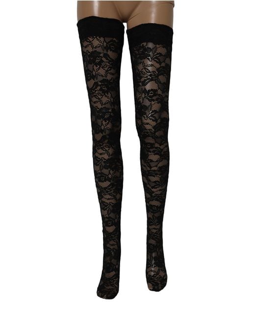 Dolce & Gabbana Black Floral Lace Thigh High Stockings Socks