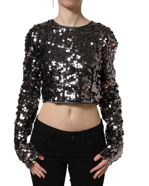 Dolce & Gabbana Black Sequined Long Sleeves Crop Blouse Top Nylon