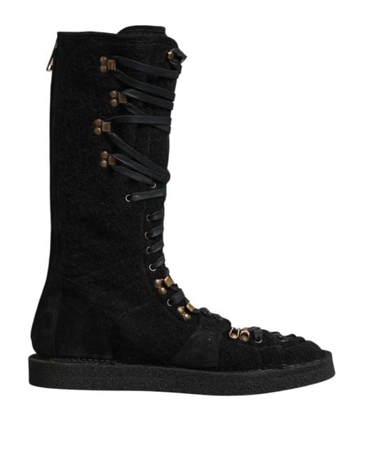 Dolce & Gabbana Black Alpaca Wool Suede Mid Calf Boots Shoes for men