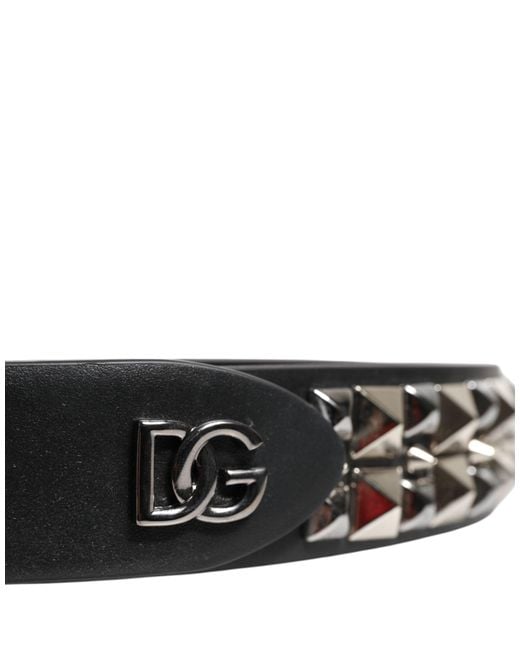 Dolce & Gabbana Black Calf Leather Studded Silver Buckle Belt for men