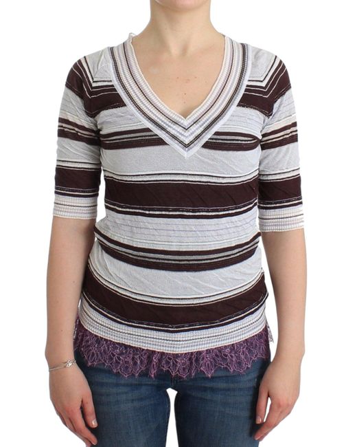 Ermanno Scervino Black Striped V-Neck Knit Top With Lace Hem