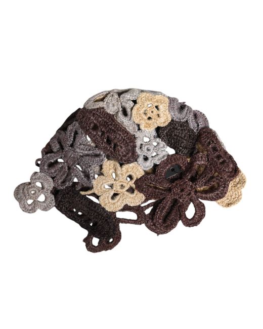 Dolce & Gabbana Brown Floral Silk Crochet Beanie Hat