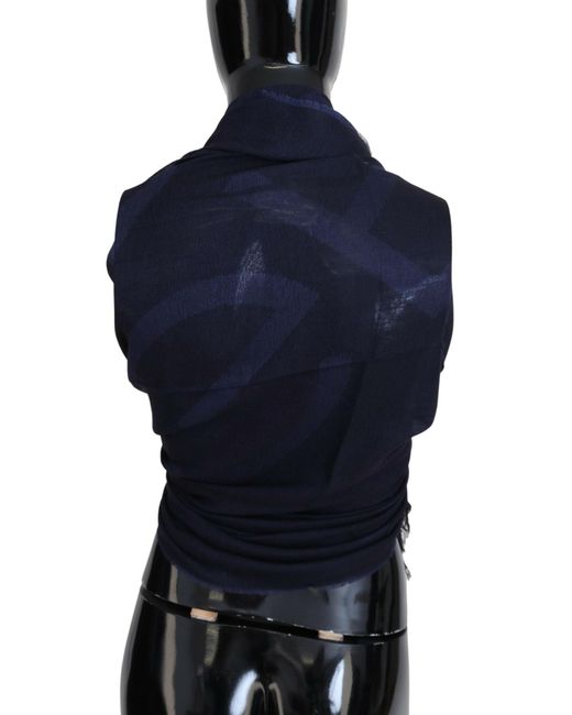 Gianfranco Ferré Black Dark Blue Wool Neck Wrap Shawl Fringes Scarf