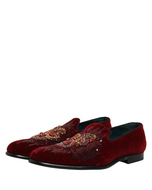 Dolce & Gabbana Red Maroon Sequin Gemstone Dress Loafers Shoes for men