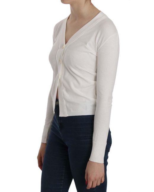 Byblos White V-Neck Long Sleeve Cropped Cardigan Tops Sweater