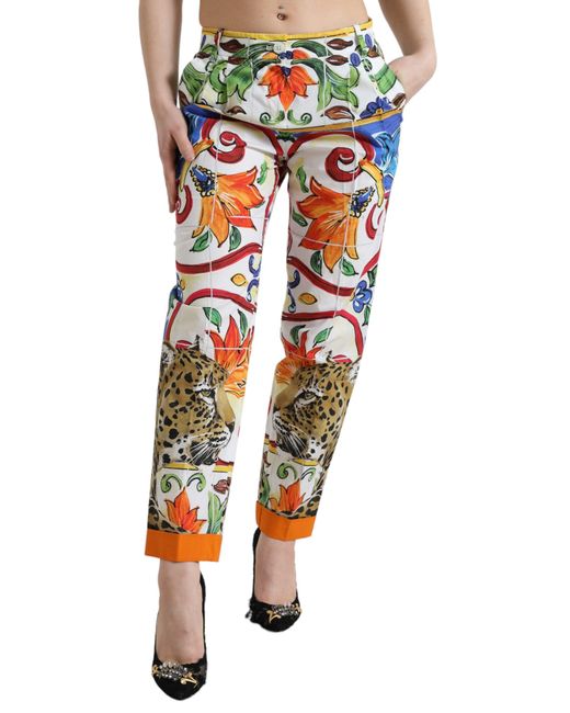 Dolce & Gabbana Multicolor White Majolica Print Tapered Mid Waist Pants