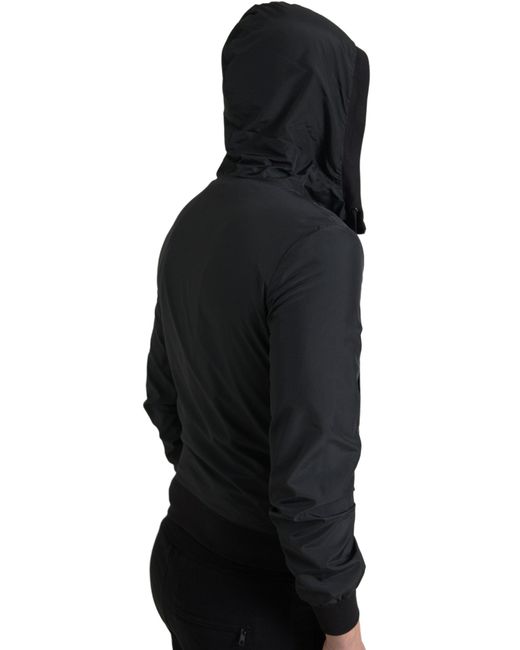 Dolce & Gabbana Black Hooded Nylon Bomber Full Zip Sweater for men