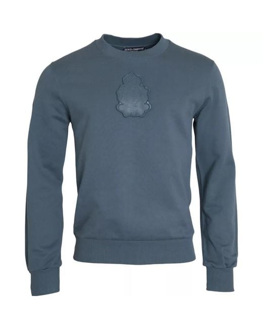 Dolce & Gabbana Blue Cotton Logo Patch Crew Neck Men Pullover Sweater for men