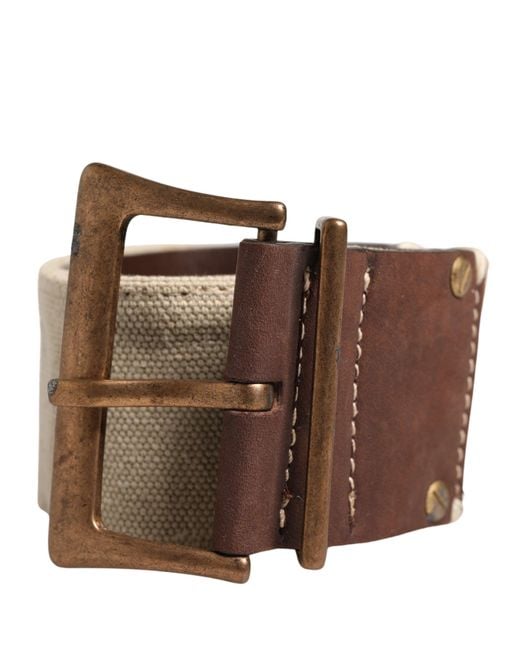 Ermanno Scervino Beige Brown Leather Canvas Metal Buckle Belt