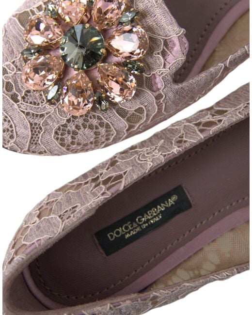 Dolce & Gabbana Pink Lace Crystal Ballet Flats Loafers Shoes