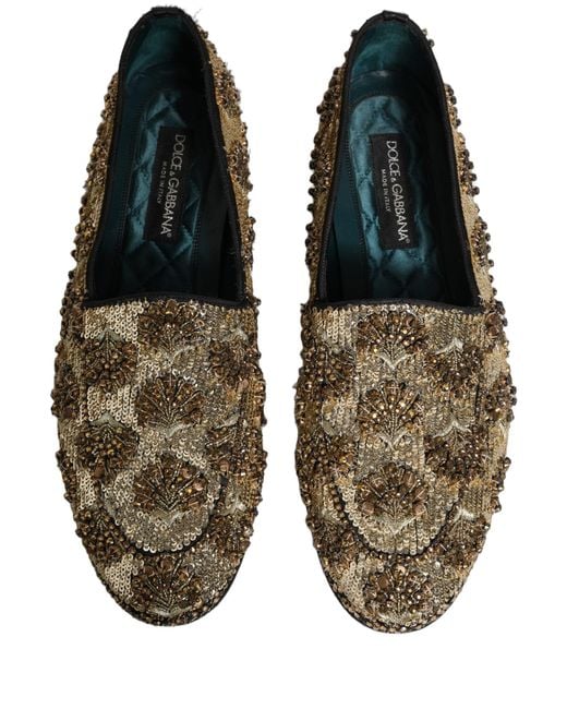 Dolce & Gabbana Gray Gold Sequin Embellished Dress Loafers Shoes for men