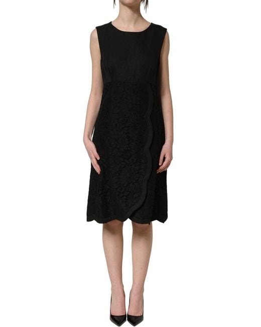 Dolce & Gabbana Black Floral Lace Sleeveless Shift Dress Flax Cotton Ramie Nylon
