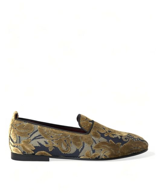 Dolce & Gabbana Green Gold Velvet Brocade Smoking Slipper Dress Shoes for men