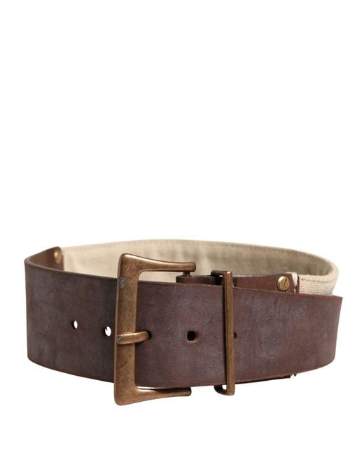 Ermanno Scervino Beige Brown Leather Canvas Metal Buckle Belt