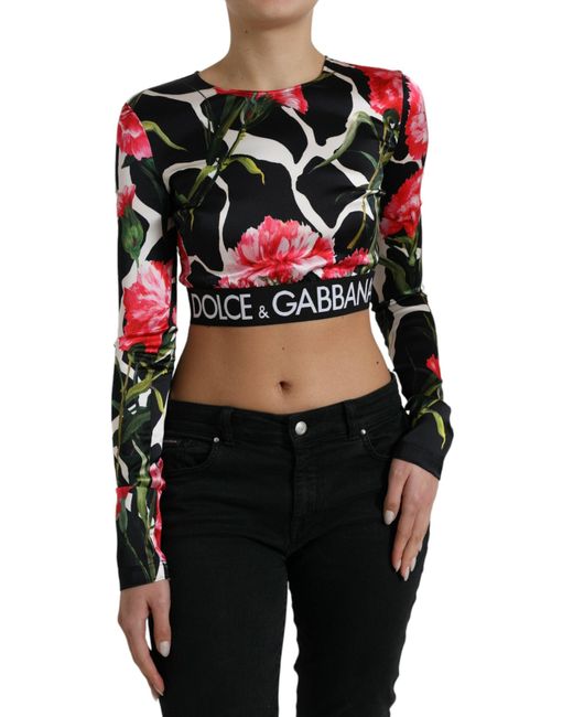 Dolce & Gabbana Black Multicolor Floral Long Sleeves Cropped Top