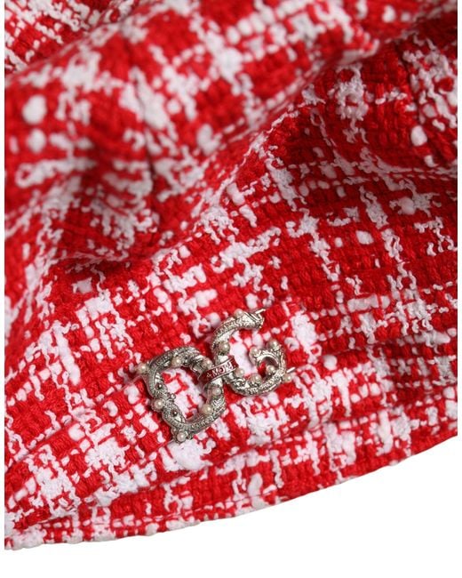 Dolce & Gabbana Red White Tweed Textured Baker Boy Capello Hat