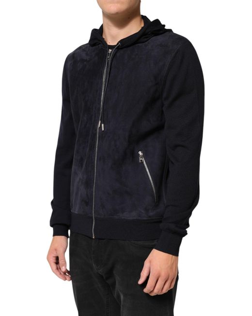 Dolce & Gabbana Black Leather Full Zip Hooded Blouson Jacket for men