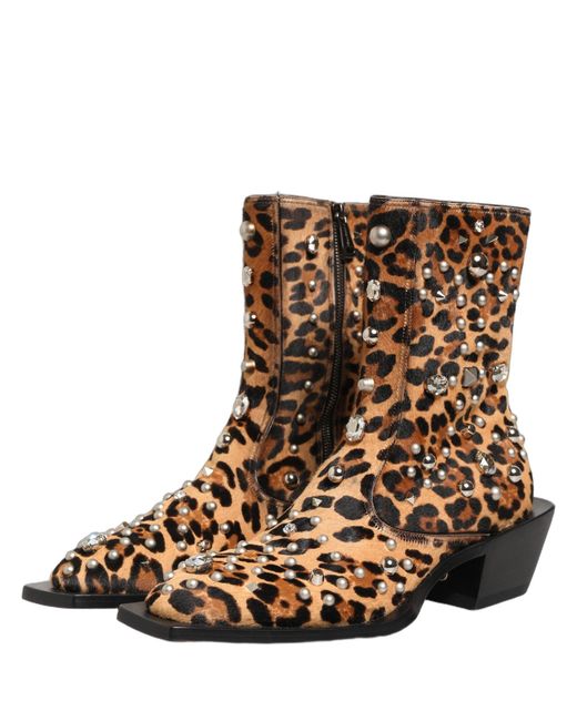Dolce & Gabbana Brown Leopard Embellished Mid Calf Men Boots Shoes for men