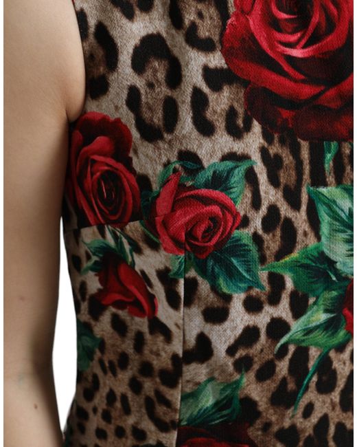 Dolce & Gabbana Black Brown Leopard Red Roses Wool A-line Dress