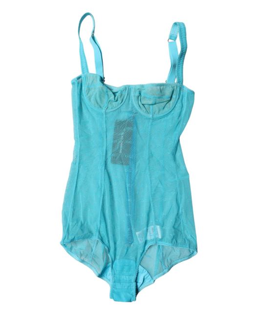Dolce & Gabbana Blue Mesh Bodysuit Scoop Neck