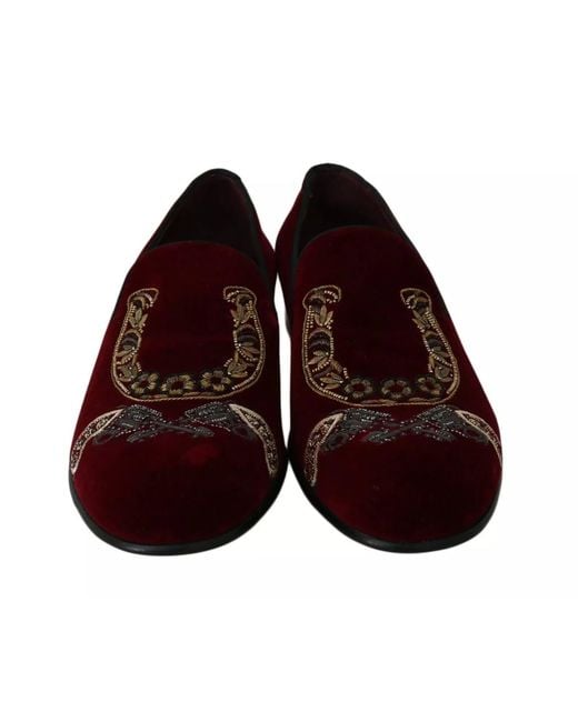 Dolce & Gabbana Red Velvet Loafers Gun Horseshoe Shoes for men