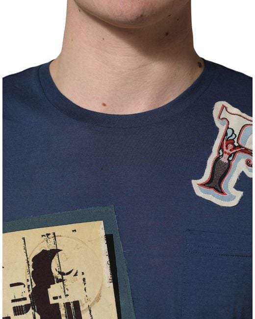 Dolce & Gabbana Navy Blue Cotton Graphic Crew Neck T for men