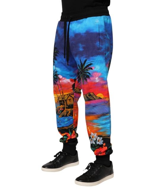 Dolce & Gabbana Blue Printed Drawstring Pants for men