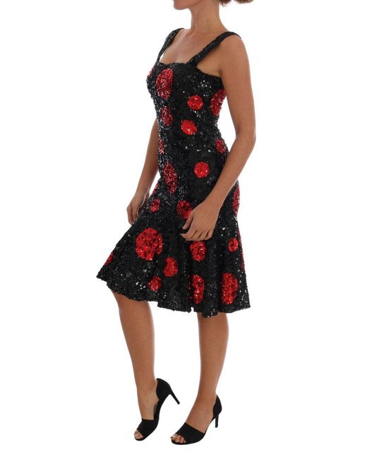 Dolce & Gabbana Black Red Polka Sequined Shift Dress