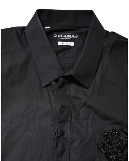 Dolce & Gabbana Black Floral Gold Cotton Dress Formal Shirt for men