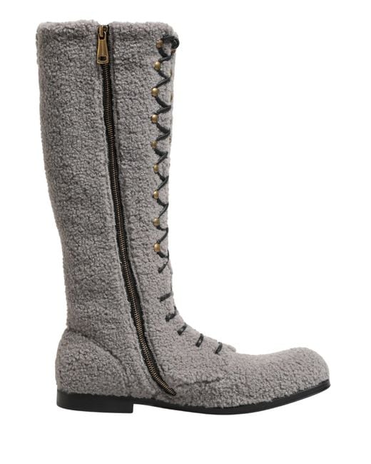 Dolce & Gabbana Gray Shearling Lace Up Knee High Boots Shoes for men