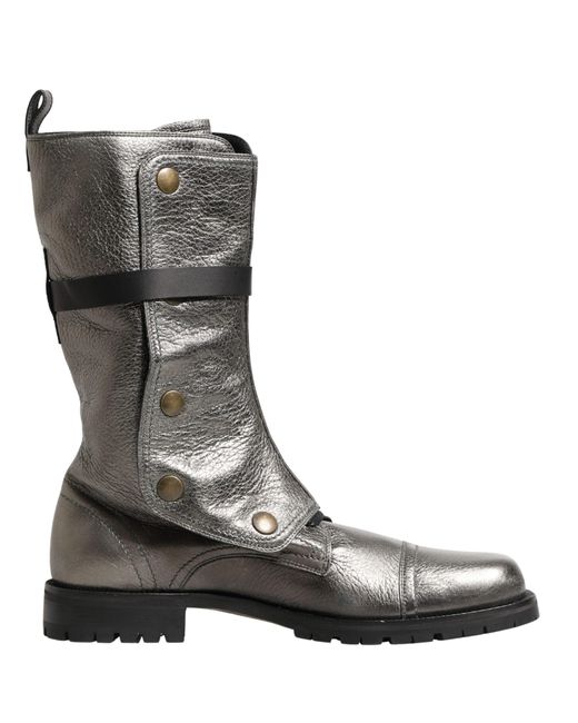 Dolce & Gabbana Black Metallic Silver Combat Biker Mid Calf Boots Shoes for men