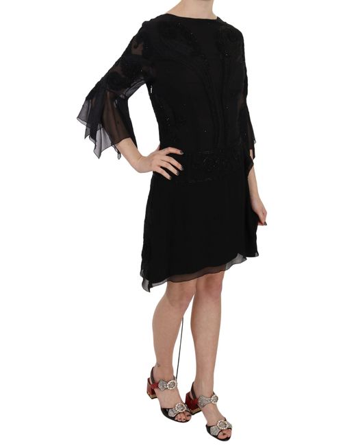 John Richmond Black Sequined Silk Mini Shift Gown