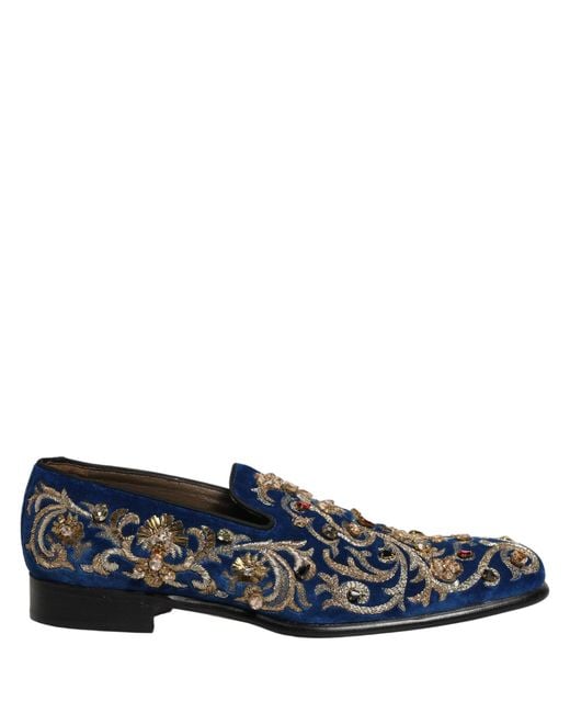 Dolce & Gabbana Blue Velvet Embellished Dress Loafers Shoes for men