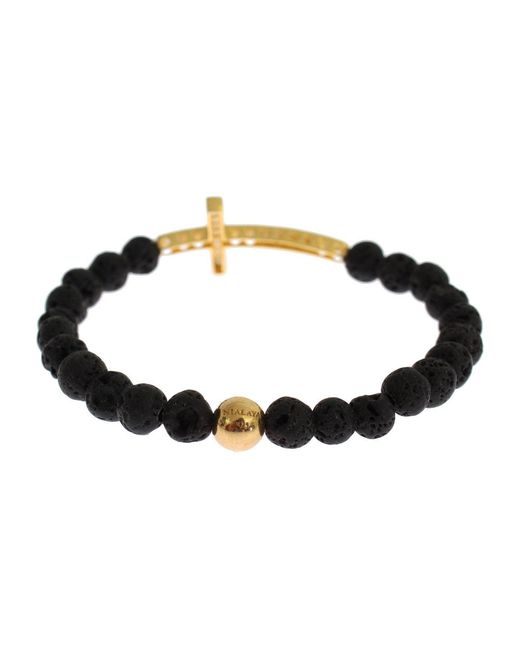 Nialaya Black Lava Stone Gold Clear Cz Cross 925 Silver Bracelet