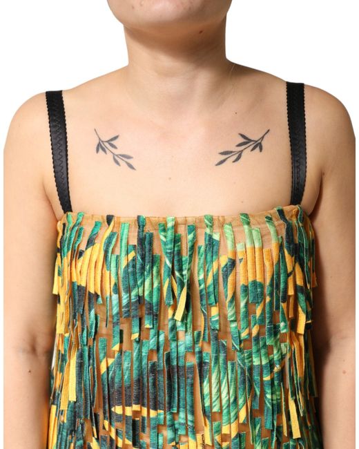 Dolce & Gabbana Green Multicolor Tropical Print Fringe Maxi Dress