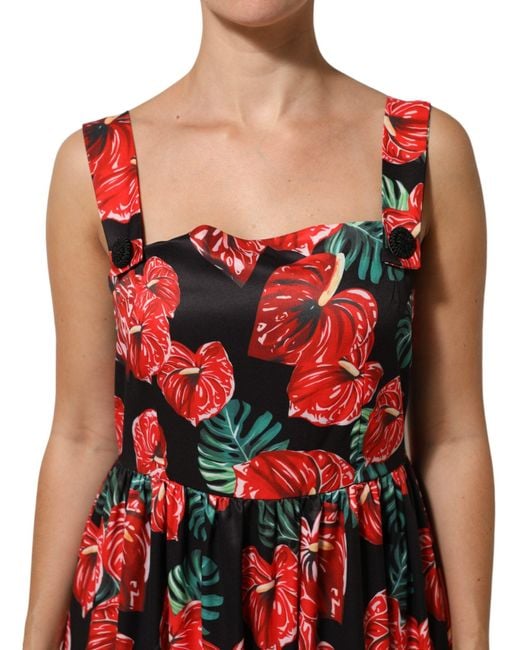 Dolce & Gabbana Red Multicolor Floral Cotton Poplin Midi Dress