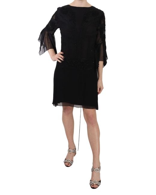 John Richmond Black Sequined Silk Mini Shift Gown