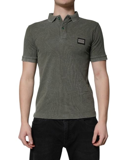 Dolce & Gabbana Gray Army Green Logo Plaque Cotton Polo Shirt T for men