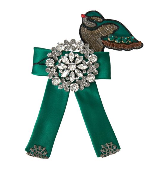 Dolce & Gabbana Green Satin Bird Crystal Hair Clip