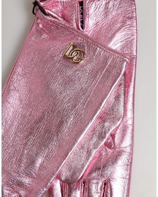 Dolce & Gabbana Pink Leather Dg Logo Wrist Length Mitten Gloves 32+Pu