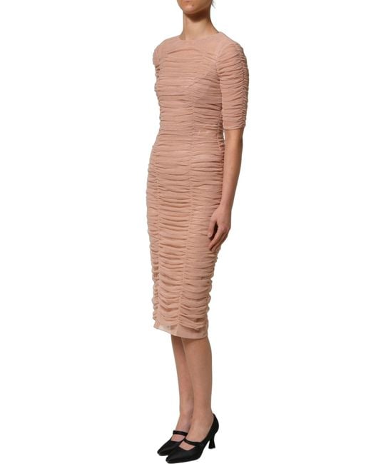 Dolce & Gabbana Natural Beige Cotton Mesh Ruched Sheath Midi Dress