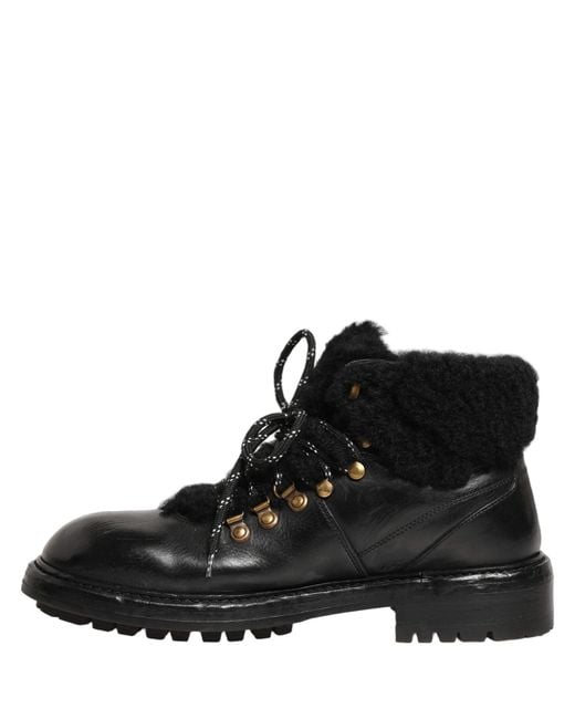 Dolce & Gabbana Black Trekking Fur Lace Leather Boots Shoes for men