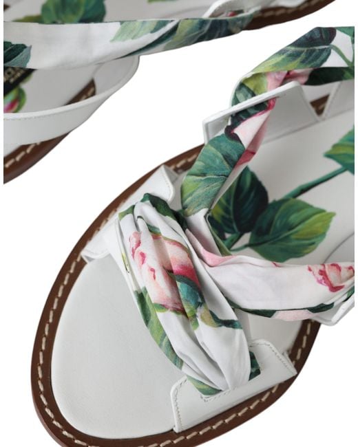 Dolce & Gabbana White Floral Print Ankle Wrap Sandals Shoes