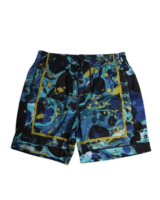 Dolce & Gabbana Blue Marble Print Logo Boxer Short Swimwear Polyester Blend for men