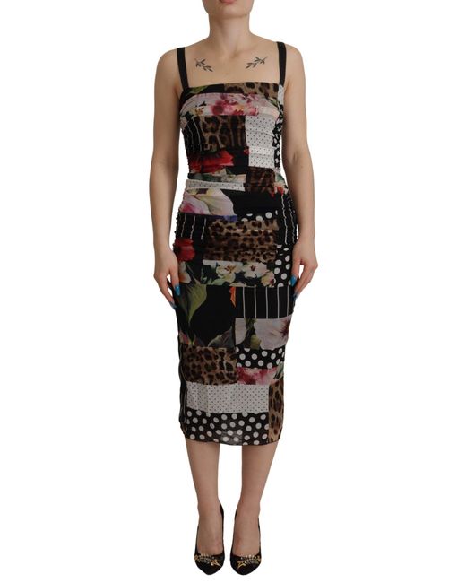 Dolce & Gabbana Black Elegant Patchwork Midi Silk Blend Dress