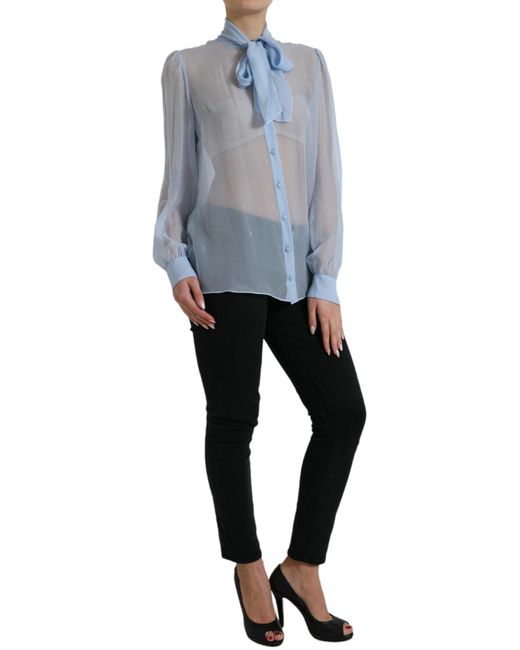 Dolce & Gabbana Blue Long Sleeves Ascot Collar Blouse Top