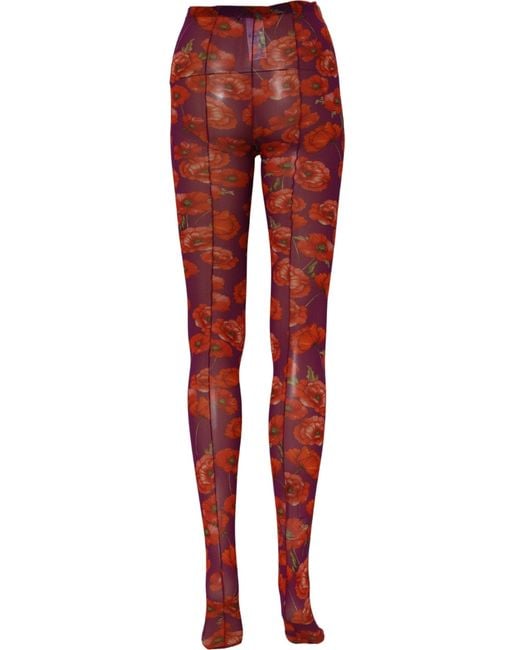 Dolce & Gabbana Red Purple Nylon Floral Print Tights Stockings Socks