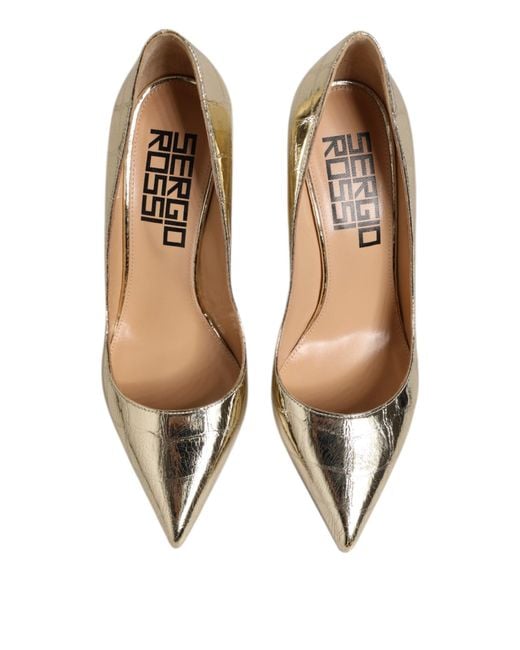 Sergio Rossi Metallic Gold Leather Pointed Toe Block Heels Shoes